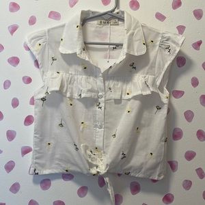 EMC Girls White Button Down Top with Front Tie and Floral Embroidery Size 8 NWT